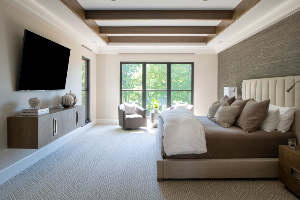 Design ideas for a transitional bedroom in Minneapolis with grey walls, carpet, no fireplace, grey floor, exposed beam, recessed and wallpaper.