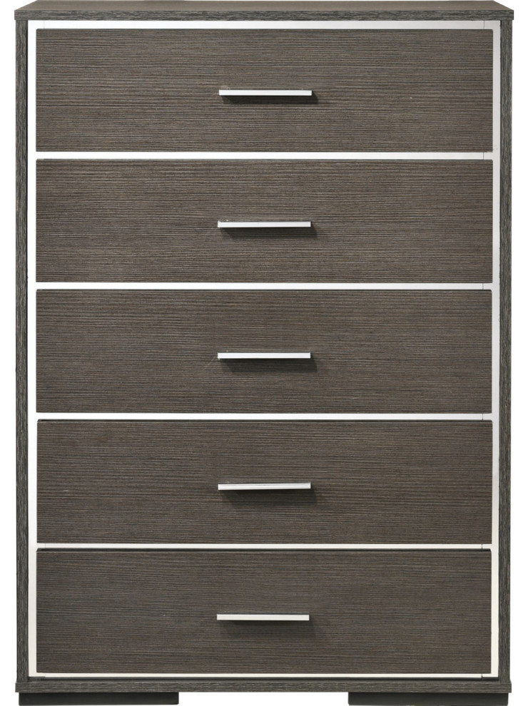 5 Drawers Wood Chest With Glam Acrylic Trim, Gray Oak Transitional