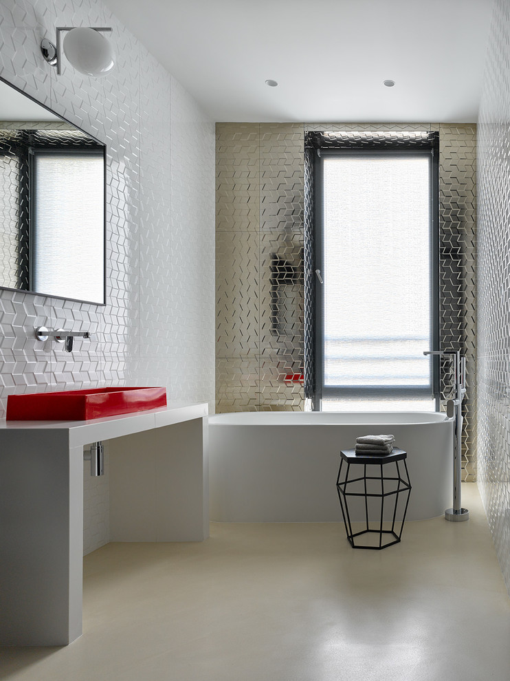 Photo of a mid-sized contemporary master bathroom in Moscow with a freestanding tub, white tile, metal tile, concrete floors, a vessel sink, tile benchtops, beige floor, white benchtops and open cabinets.
