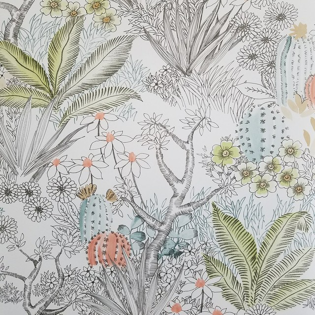 York Outdoors Flowering Desert Cactus Boho Kids Nursery Gray Pink Wallpaper
