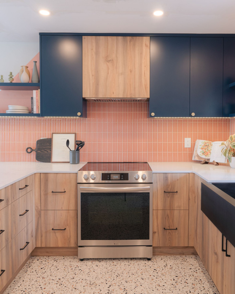 Inspiration for a small transitional u-shaped terrazzo floor and white floor eat-in kitchen remodel in Vancouver with a farmhouse sink, flat-panel cabinets, light wood cabinets, quartz countertops, pink backsplash, porcelain backsplash, stainless steel appliances, an island and white countertops