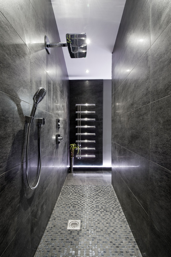 Inspiration for a large contemporary bathroom in West Midlands with black tile, mosaic tile floors, an open shower, black walls, multi-coloured floor and an open shower.