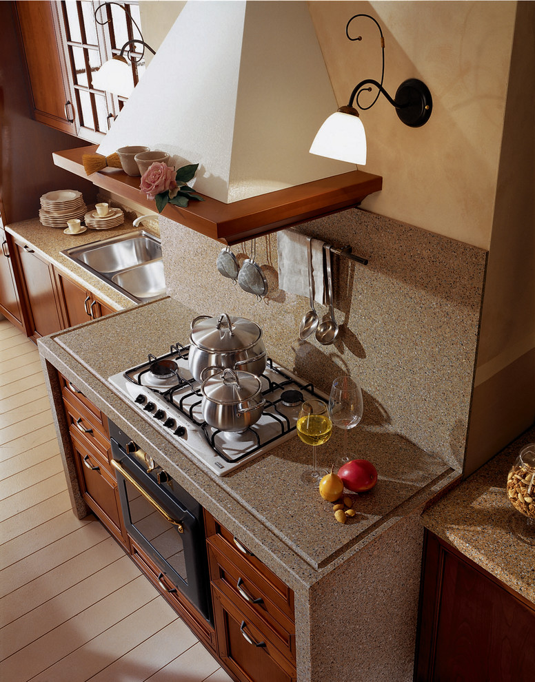 Inspiration for a mid-sized transitional u-shaped ceramic tile eat-in kitchen remodel with a double-bowl sink, raised-panel cabinets, white cabinets, granite countertops, gray backsplash, porcelain backsplash, stainless steel appliances and an island