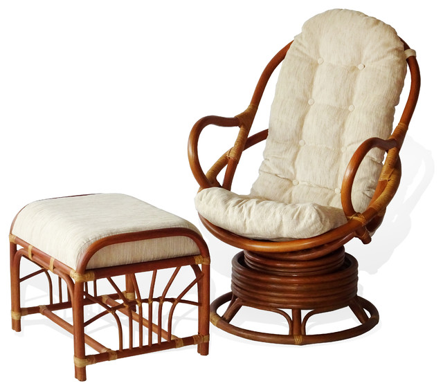 Java Rattan Wicker Swivel Rocking Chair Handmade with Light Brown Color Cushion 