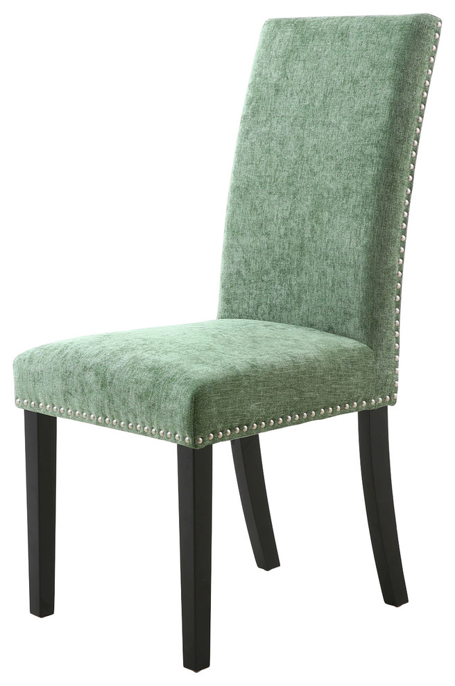 Olive Green Chenille Stud Detail Dining Chairs, Set of 2 - Transitional