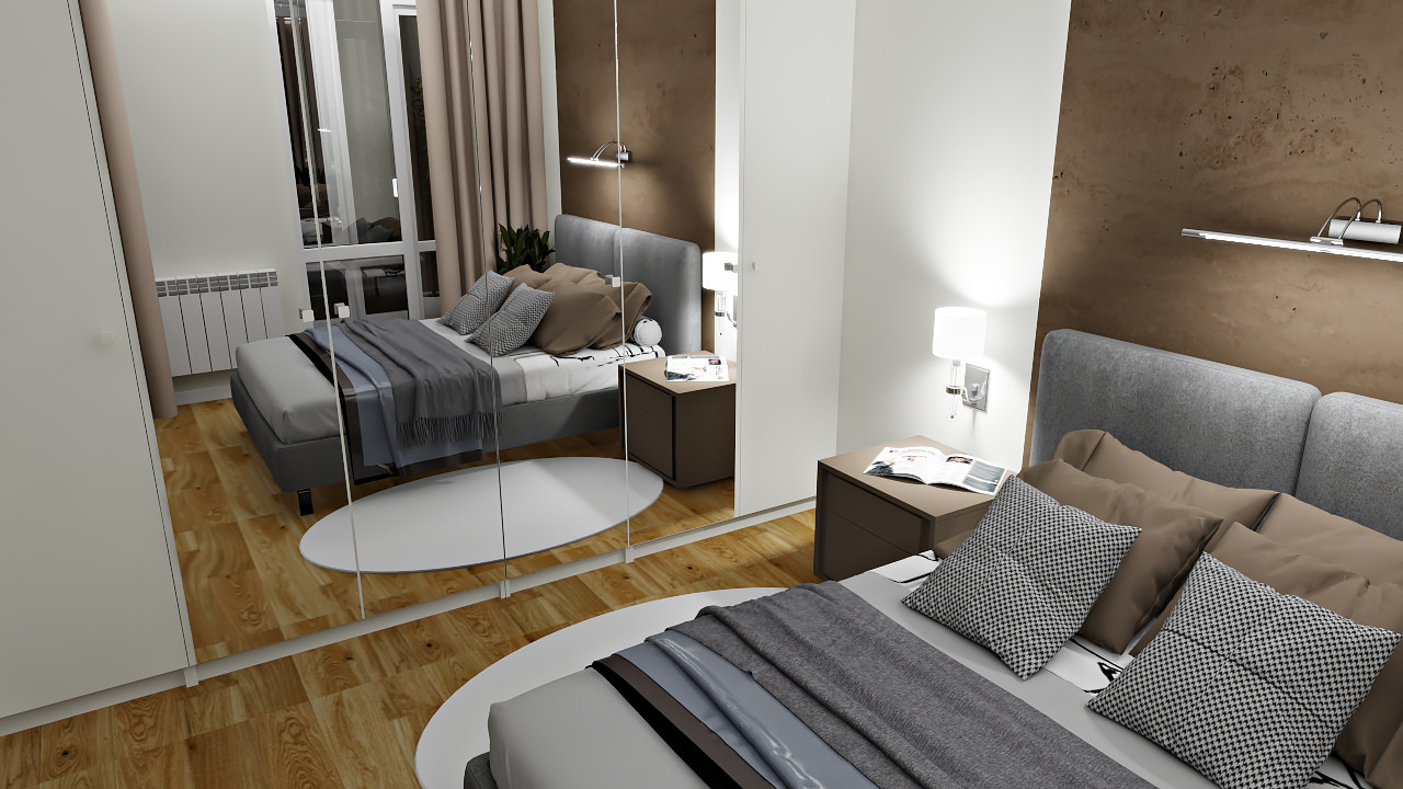 Спальня. Встроенный шкаф с зеркальными дверями.