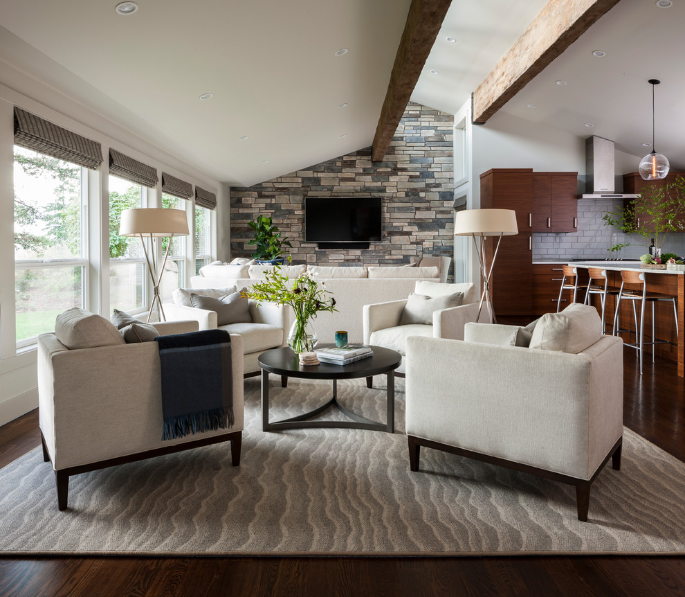 Design ideas for an expansive midcentury open concept family room in Seattle with a home bar, white walls, dark hardwood floors, a wall-mounted tv, a standard fireplace and a brick fireplace surround.