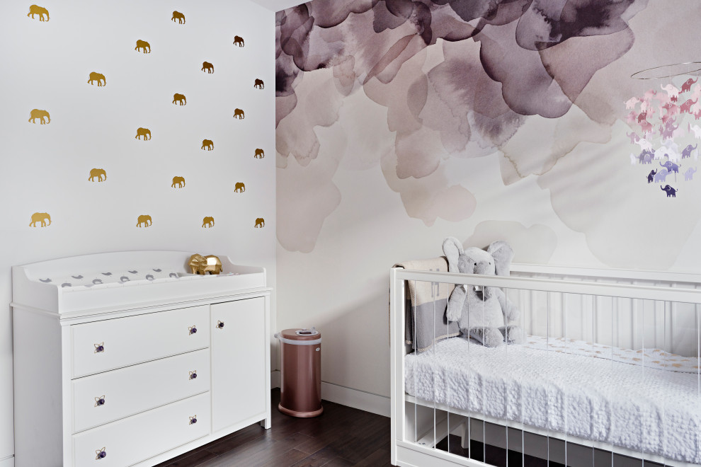 Design ideas for a mid-sized modern nursery for girls in Toronto.