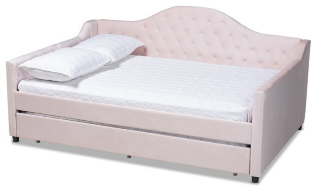 Baxton Studio Perry Velvet Upholstered Full Daybed with Trundle in Pink