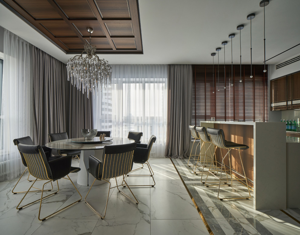 Large contemporary open plan dining room in Yekaterinburg with grey walls, porcelain flooring, no fireplace, grey floors, a coffered ceiling and panelled walls.