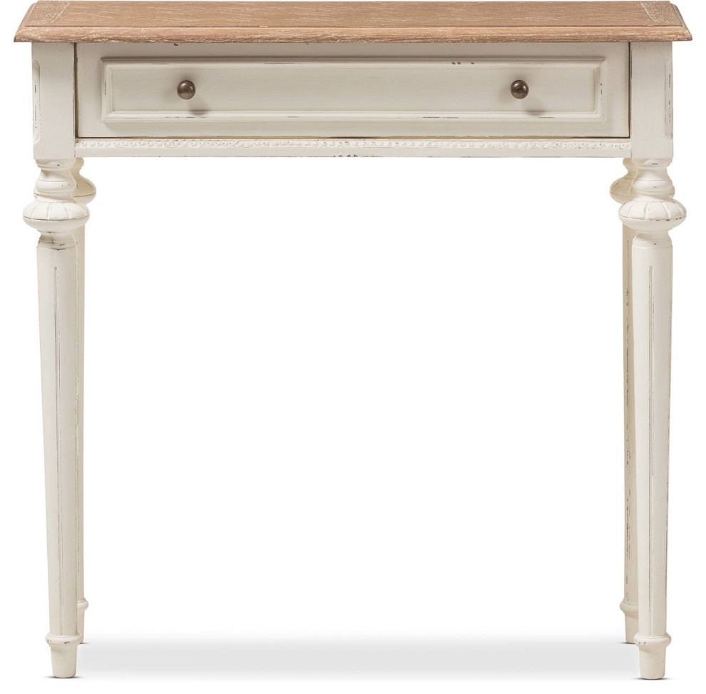 Traditional Console Table, Turned Legs & Large Storage Drawer, White Wash/Oak French Country