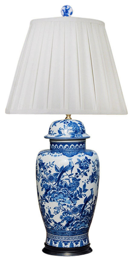 Blue and White Bird and Floral Motif Porcelain Temple Jar Table Lamp 29"