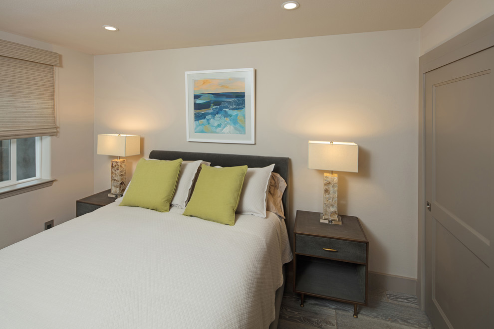 Inspiration for a small transitional guest bedroom in San Luis Obispo with beige walls, porcelain floors and grey floor.