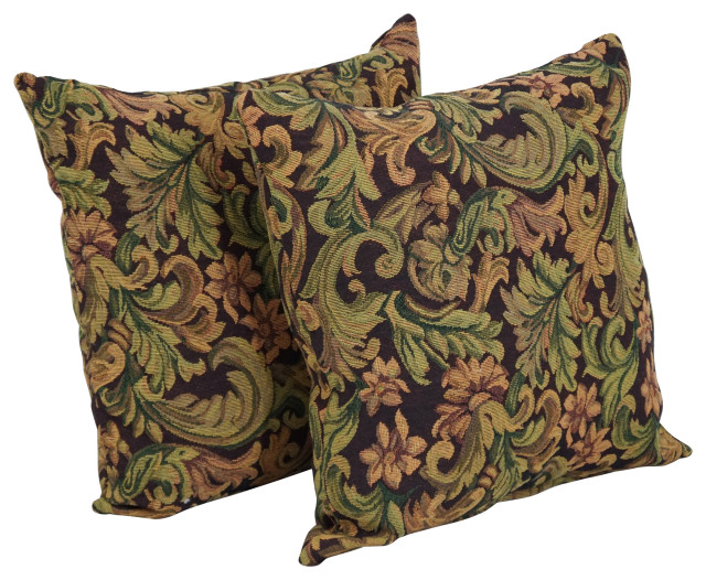 17" Tapestry Throw Pillows With Inserts, Set of 2, Brown Damask