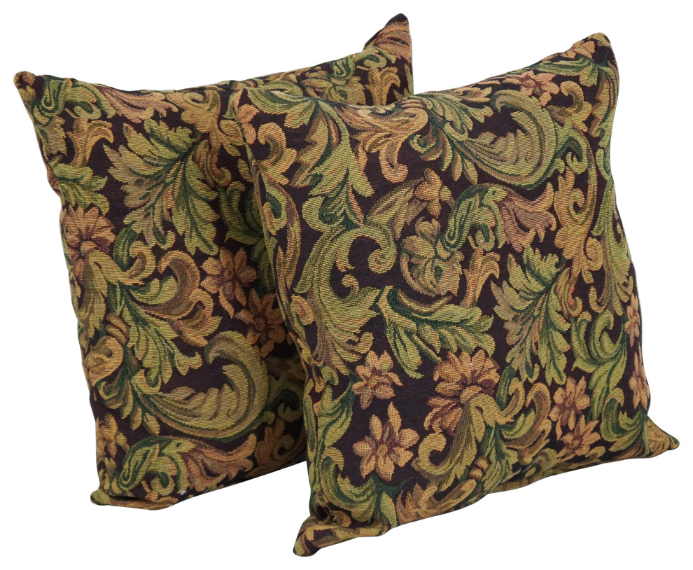17" Tapestry Throw Pillows With Inserts, Set of 2, Brown Damask Contemporary Decorative