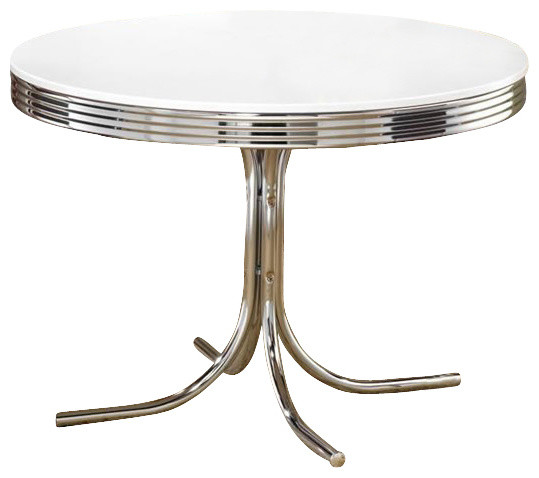 Coaster Retro Metal Legs Round Dining Table Glossy White and Chrome