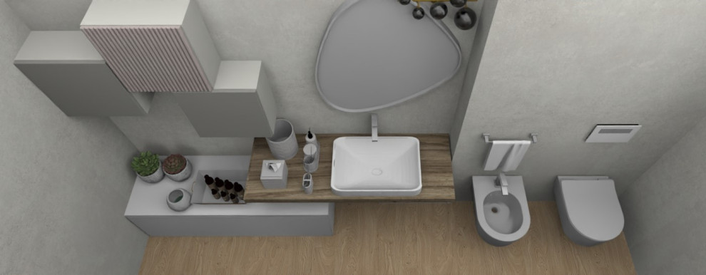 Eclectic bathroom in Other with flat-panel cabinets, grey cabinets, a built-in shower, white tiles, porcelain tiles, painted wood flooring, a vessel sink, wooden worktops, a hinged door and a floating vanity unit.