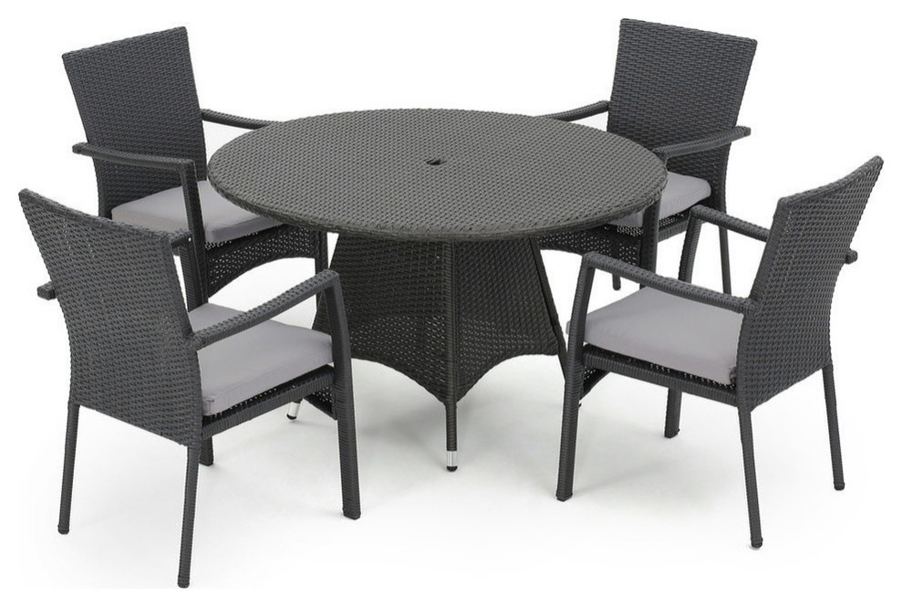 GDF Studio 5-Piece Oxford Outdoor Gray Wicker Dining With Cushions Set
