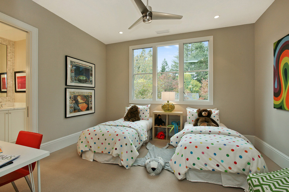 This is an example of a transitional kids' room for girls in San Francisco with grey walls.