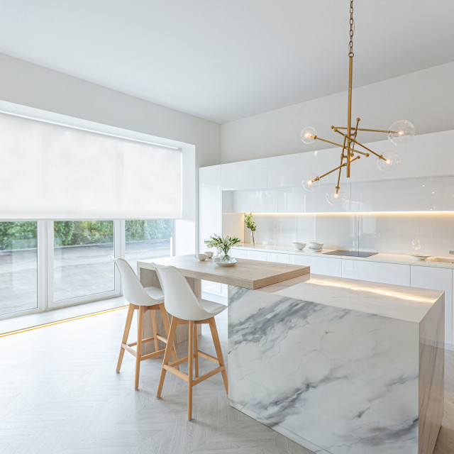 Sleek Kitchen Interior with White Roller Blind modern-kitchen