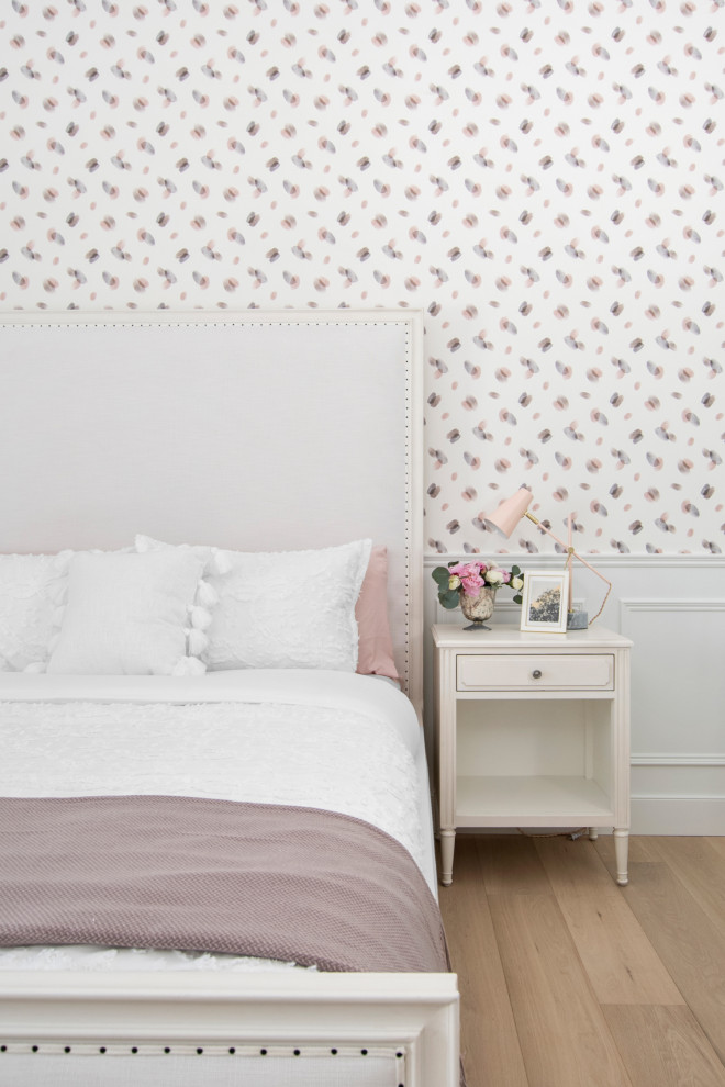 Inspiration for a transitional teen room for girls in Other with multi-coloured walls, marble floors and wallpaper.