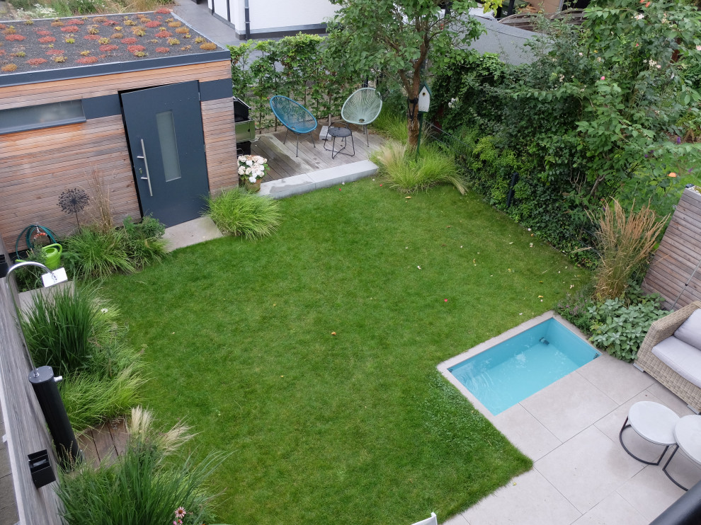 Geometrischer, Kleiner Moderner Garten im Sommer, neben dem Haus mit Sichtschutz, direkter Sonneneinstrahlung, Dielen und Holzzaun in Bonn