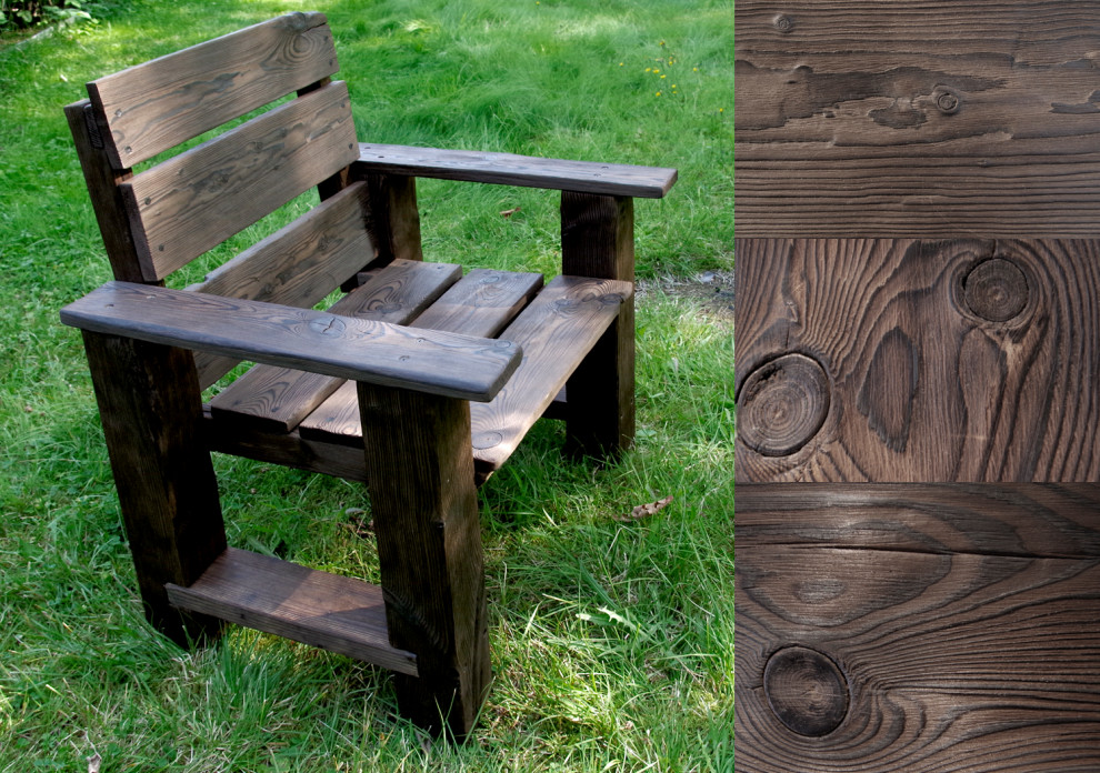 Садовая мебель из обожжённой и брашированной древесины.