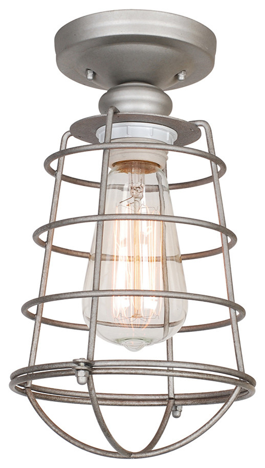 Ajax 1-Light Indoor Ceiling Mount Light With Metal Wire Cage, Galvanized Steel