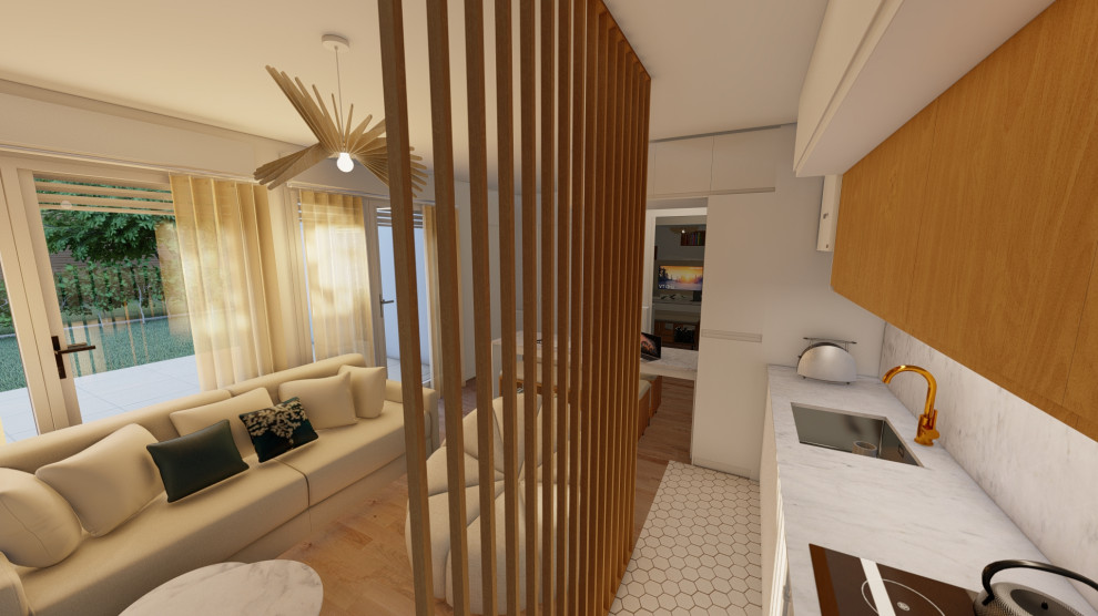 Foto di un piccolo soggiorno moderno aperto con pareti beige, pavimento in laminato, TV a parete e pavimento marrone