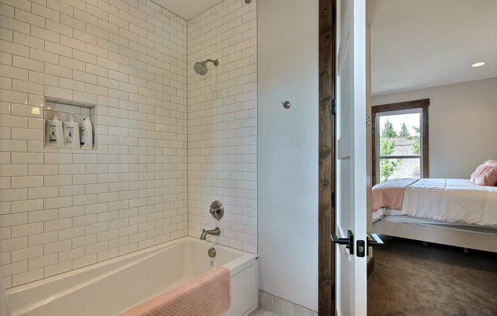 Inspiration for a large craftsman kids' beige tile and glass tile ceramic tile, brown floor and double-sink bathroom remodel in Portland with recessed-panel cabinets, beige cabinets, a bidet, beige walls, an undermount sink, quartz countertops, white countertops and a built-in vanity