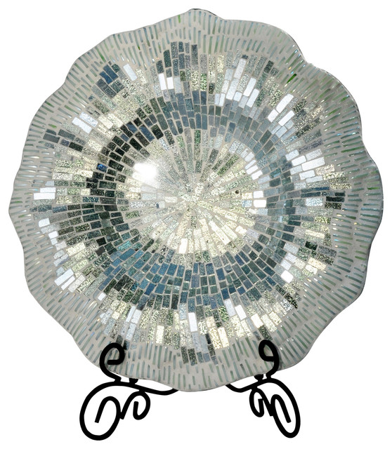 Mosaic Charger Plate With Stand, Silver and Blue Modern Decorative