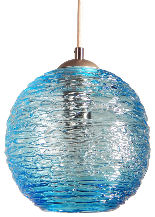 Contemporary Spun Glass Globe Kitchen Pendant Lights, Aqua, 6" Round, Satin Bron
