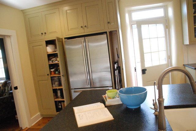 Refrigerator Flanked By Pantry Broom Closet Door To Right Was