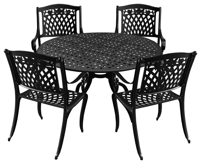 5 Pieces Outdoor Dining Set, Ornate Mesh Design With Scrolled Details, Black Traditional