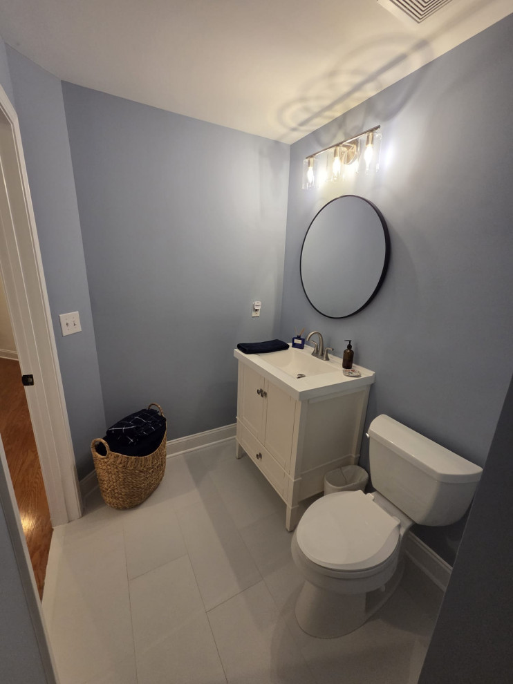 Secondary Vanity with Round Mirror – Contemporary Charlotte Bathroom Remodel