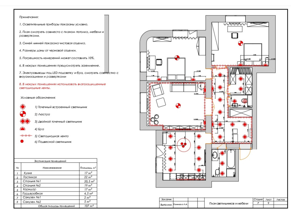 План светильников и мебели
