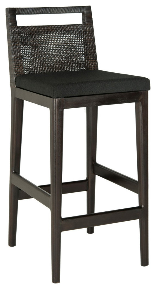 Minimalist Bar Stool, Mahogany Wood Frame With Wicker Back & Padded Seat, Black