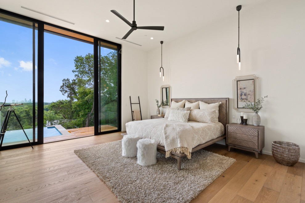 Mid-sized contemporary master bedroom in Austin with white walls, medium hardwood floors and no fireplace.