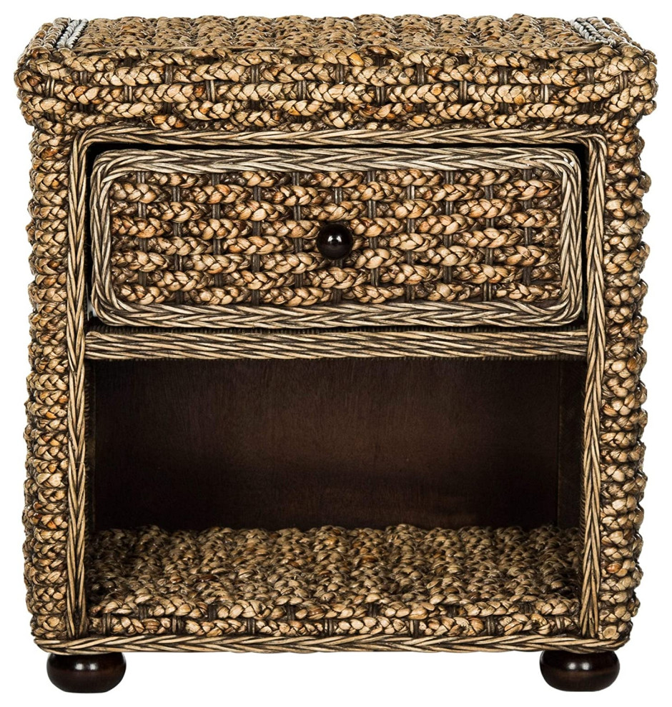 Coastal Nightstand, Black Painted Bun Feet and Abaca Rattan Body, Brown Wash Tropical