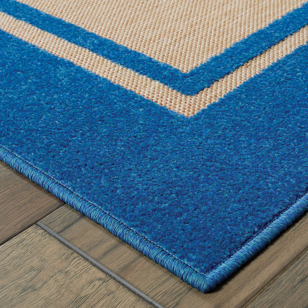 Costa Simply Borders Sand and Blue Indoor/Outdoor Area Rug, 5'3"x7'6"