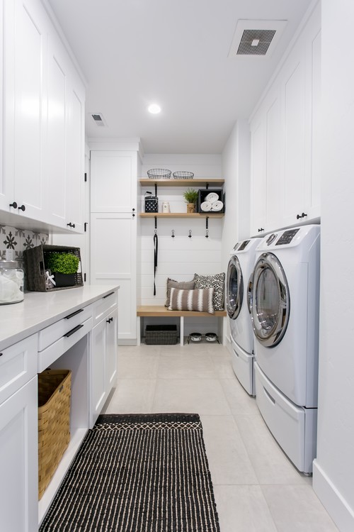 Bright and Airy: Modern White Laundry Cabinets with Black Hardware