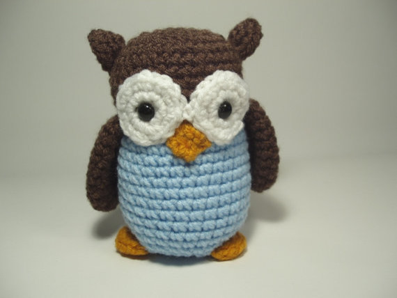 Crocheted Owl Stuffed Animal Toy, Brown and Blue by Nicole's Critters