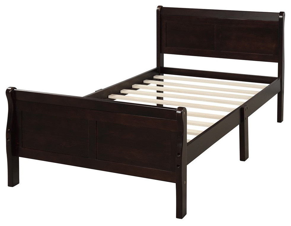 Classic Twin Platform Bed, Double Panel Headboard With Curved Details Transitional Platform