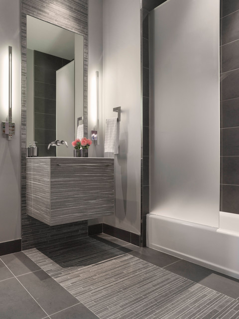 Modern Gray Mosaic Tile Bathroom with Floating Vanity + Linear Sconce Lighting modern-bathroom