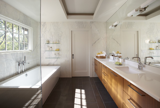 Simplistic Galley contemporary-bathroom
