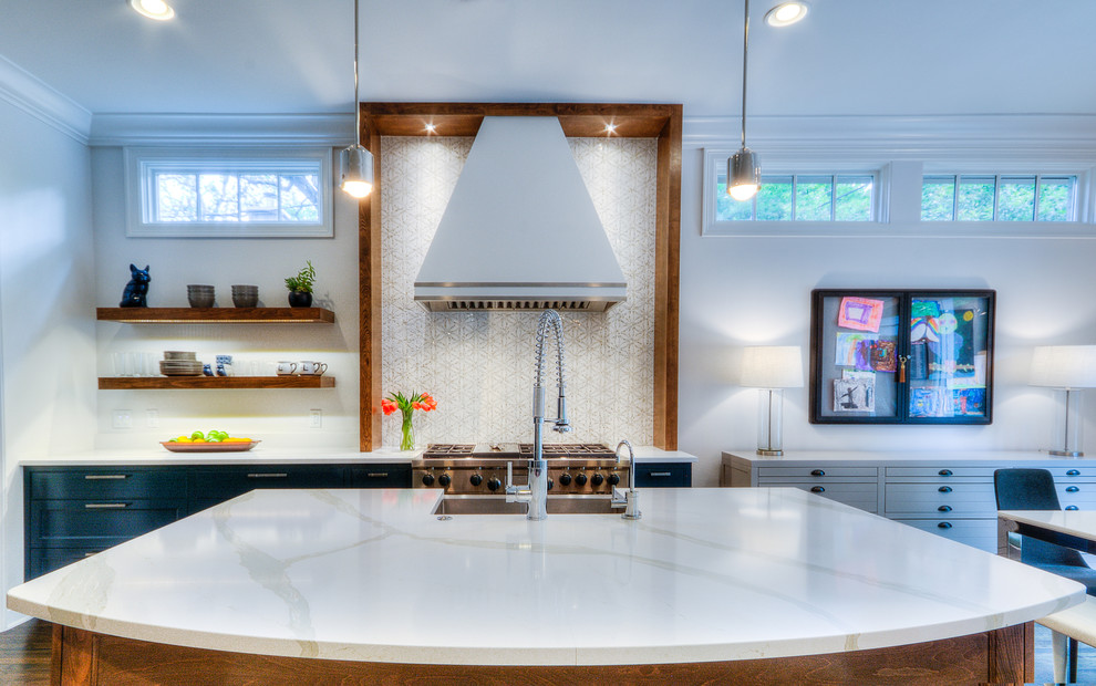 Example of a transitional kitchen design in Austin with white backsplash and stone tile backsplash