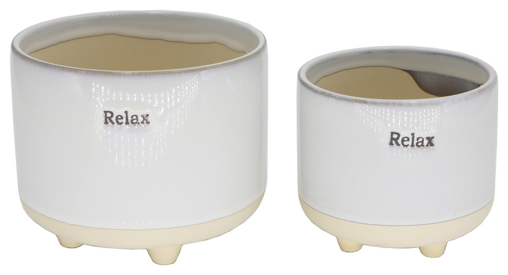 6In and 4.75, Text Relax Ceramic Footed Planter, Set of 2