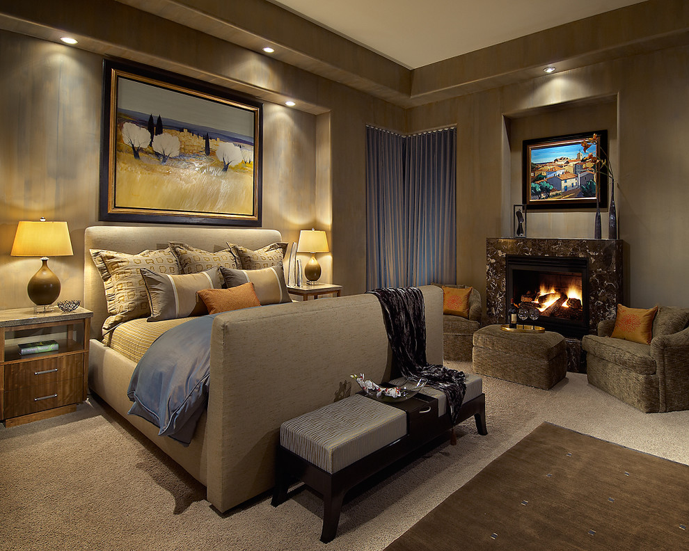 Photo of a contemporary master bedroom in Phoenix with grey walls, carpet and a standard fireplace.