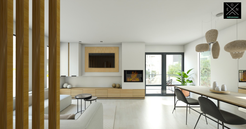 Idee per un soggiorno scandinavo di medie dimensioni e stile loft con pavimento in marmo, cornice del camino in metallo, TV a parete e tappeto