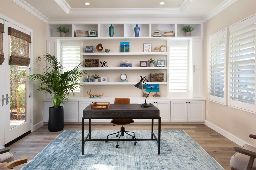 Transitional home office in San Diego with vinyl floors.
